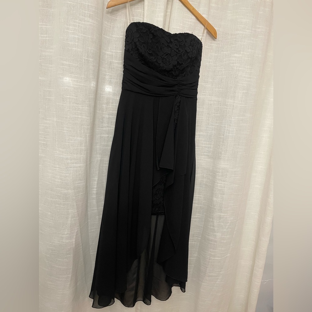 La Scala Chiffon/Lace Strapless Dress in black. Great for formal of homecoming.